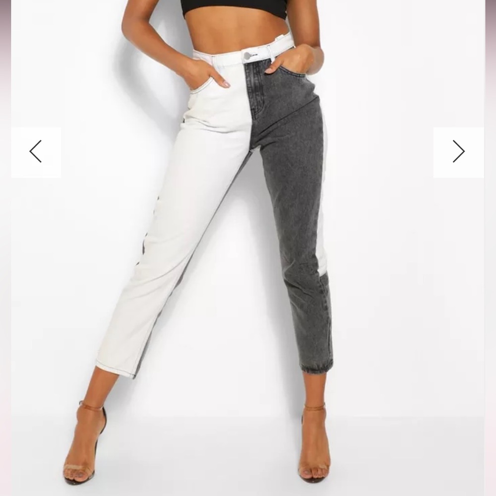 BOOHOO COLOR BLOCK HIGH RAISE STRAIGHT LEG JEANS BLACK & WHITE SIZE US 4
